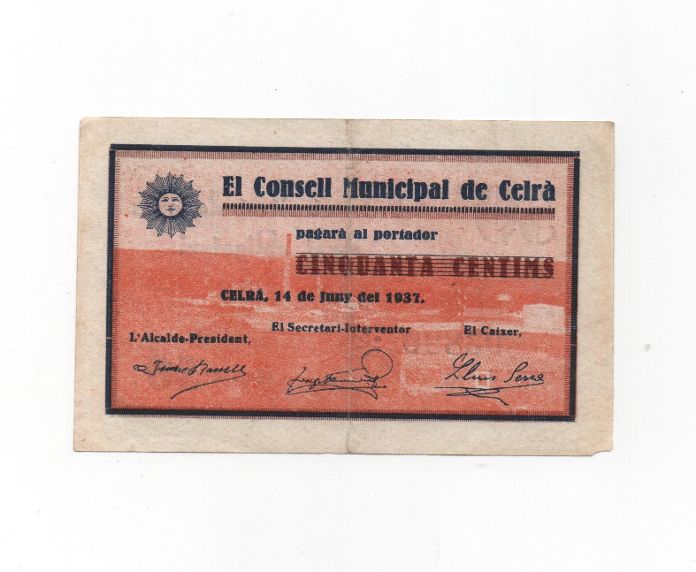 ESPAÑA BILLETE LOCAL REPUBLICANO DEL AÑO 1937 DE 50 CENTIMOS. CONSEJO MUNICIPAL DE CELRÀ